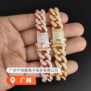 ความกว้าง12มม.หรูหราผู้หญิงสร้อยข้อมือแฟชั่นผู้ชายLink ChainฮิปฮอปฝังRhinestoneสร้อยข้อมือคิวบา