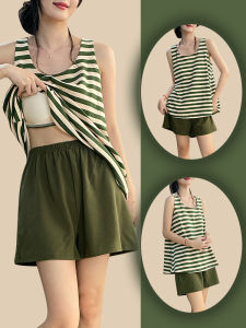 Áo Ngủ Cotton Nguyên Chất Không Tay Mùa Hè Cho Nữ Áo Vest Một Mảnh Áo Chui Đầu in Họa Tiết Sọc Có Đệm Ngực Áo Mặc Ở Nhà Hai Mảnh