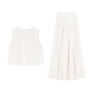 Summer Elegant Small Size Lace Hollow Out Apricot Dress Set