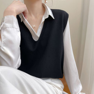 French Early Autumn Knitted Wool Vest Loose Sleeveless Womens Style Commute Fashion V-neck Regular Thickness Pure Color