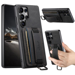 SUTENI Faux Leather Phone Case Wrist Strap Ring Buckle Card Holder Stand For Samsung S25Ultra S24Plus S23 S22 Note20