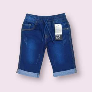 KMBL Kids Denim Shorts for Boys/Girls - Organic Cotton Elastic Waist with Drawstring Folded Hem Casual Summer Wear