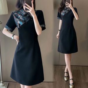 New Design Chinese Style Temperament Black Dresses Women Casual Showing Slim Retro Elegant Lady age reduction Short Sleeve Lapel A-line Dress