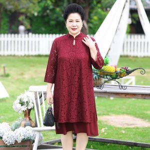 Elegant plus Size Mommy Wedding Dress Red Autumn Outfit Set for Middle-Aged And Elderly Women V-Neck Midi Dress with Rhinestones