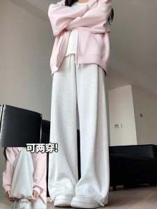 Plus Size 150.00kg Chubby Girl Light Gray Sports Pants Female Fall and Winter New Arrival High Waist Drooping Straight American Casual Sweatpants