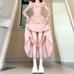 Gentle Wind French Style Unique Beautiful Pink Dress Waist Cinched Long Skirt Soft Cotton Summer New Arrival Urban Commute