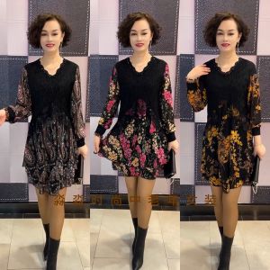 Western Style Small Floral Patchwork Dress Womens Spring and Autumn Long Sleeve Lace V Neck Slim-Fit Younger Slimming Base Skirt
