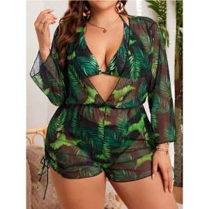 L-4XL New Plus-size Swimsuit Feminine Printed Bikini Three-piece Set with Mesh Cover-up Slimming Perfect for Vacations and Hot Springs