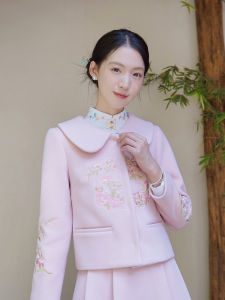 Sweet Chinese Style Short Coat Atar New Winter Fashion Doll Collar Knitted Slim Fit Embroidered Polyester Fiber Long Sleeve Ladylike