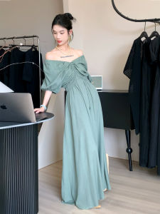 Elegant V-neck Long Dress Womens Summer Fashion High-quality French Style Elegant Waist-cinching Midi Skirt Casual Pure Color