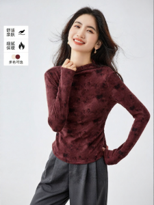 Vimly | Red Dye Stand Collar Long Sleeve Knit Womens T-shirt Innerwear