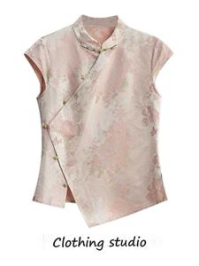 New Chinese Style Slim Fit Shirt Collar Summer Vintage Shirt Womens Song Jin Cheongsam Top Button Short Sleeve Embroidery