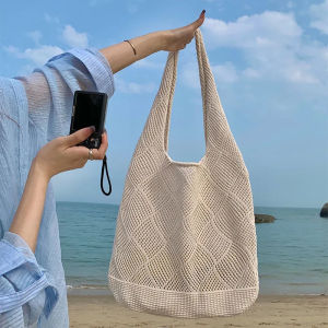 New Trend Womens Bag Crochet Handbag Retro Knitted Solid Color Hollow Top-handle Tote Bag Travel Shopper Shoulder Bag
