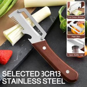 Multifunction Vegetable Peeler 3-in-1 Wooden Handle Peeling Knife with Serrated Blade and Bottle Opener Kitchen Gadget for Fruit