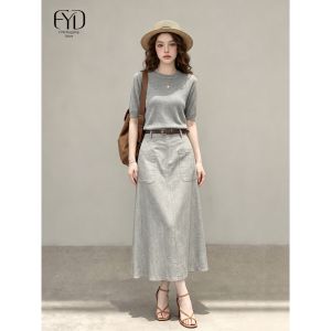 High Quality Elegance Grey Knit Top Linen Skirt Set