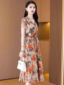 MAIMEI | Elegant Summer Silk Chiffon Dress Womens High Waist A-Line Skirt Korean Style Commute Button Tie Zipper Short Sleeve V-Neck