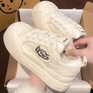 IELGY 2024 New Thick-soled Round Toe Niche Design Canvas Casual Cloud Sneakers Women