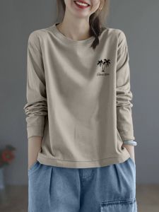 Brand Discount Export Cut Label Big Sale Long Sleeves Pure Cotton Womens Top Casual Easiest for Match Artsy Slimming Bottoming Top Tops T