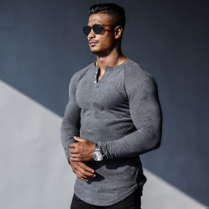 Bvsn Sports Long Sleeves Fitness Training T-Shirt Running Cotton Top Casual Silm Henry Collar Bottoming Shirt Mens Autumn