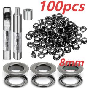 100 Sets Grommet Tool Kit 6/8/10/12/14mm Grommet Eyelets Kit with Setting Tools and Storage Box for Fabric Tarps Curtains