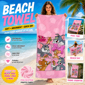 52TOYS | Pink Heart Background T-Tom&Jerry Comic Panel Beach Towel Cute Bow Angel Jerry Print Quick Dry Absorbent Anime Swimming Bath
