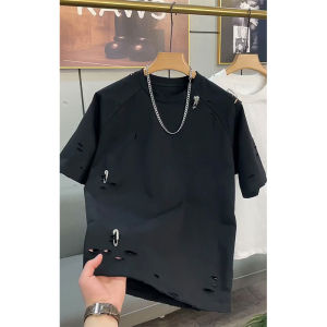 Áo Thun Cotton Cổ Tròn Tay Ngắn Mùa Hè Thời Trang Nam Thanh Lịch Rách Đáy Khoét Kim Cương Màu Trơn Đa Năng