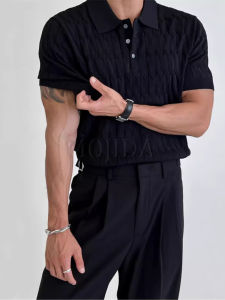 Slim Fit Summer Polo Shirt Mens Knitted Half Sleeve T-Shirt V-Neck Casual Thin Black Top Fashionable Basic Style Short Sleeve