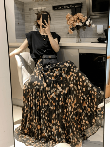 French Floral Half Skirt Womens Summer 2025 Vintage Tulip Chiffon High Waist Draped A-Line Long Skirt Maxi Skirt