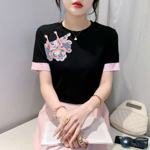 Yimei Phong cách Trung Quốc cổ tròn tay ngắn áo thun thêu cổ điển cho nữ áo nút lên rộng mùa hè thường ngày 2024