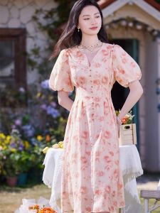 WANGGONGZHU | Floral Print A-Line Dress V-Neck Slimming Midi Summer New Style French Elegant Womens Dress Polyester Fiber Short Sleeve