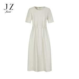 Juzi Annako Commute Texture Pleated Waist Middle Length Dress Womens Summer Style Elegant Polyester Fiber X Version City Commute