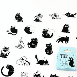 45Pcs Black Cat Theme Stickers Kawaii Cute Decoration Self-adhesive Scrapbooking Laptop Planners No Peel