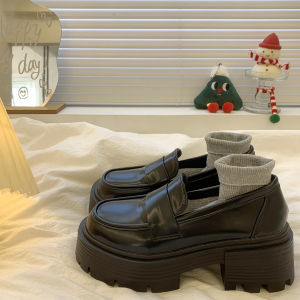 Black Thick Heel Loafers Womens Fashion Single Shoes Retro British Style Versatile Chunky Heel Flats Trendy Casual PU Material