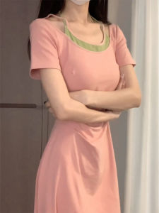 French Elegant Pink Knitted Short Sleeve Dress Womens Summer Waist Cinching Slimming Casual T-Shirt Midi Skirt Dress