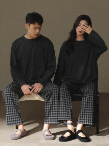 me home wear | New Couple Sleepwear Sets Spring Autumn Pure Cotton Round Neck Long Sleeve Gray Plaid