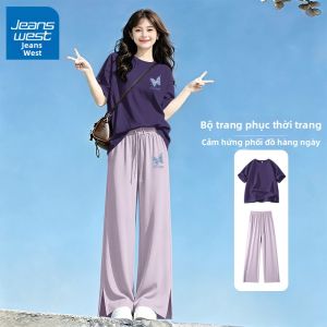 Jeanswest | Bộ Đồ Thể Thao Nữ Kiểu Hè Áo Tay Ngắn và Quần Ống Rộng