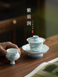 ZiQuanJian Ceramic Tea Bowl Hand-Painted Underglaze White Porcelain Infusion Bowl for Brewing Tea Blue And Green Color