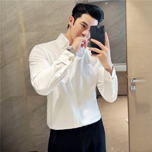 French Style Slim Fit Long Sleeve Mens Shirt Formal Wedding Party Fashionable Polyester Blend Washed Standard Fit White Shirt