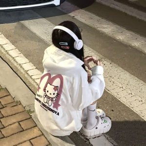 Áo Nỉ Có Mũ Hellokitty Màu Trắng Cho Nữ Phong Cách Hàn Quốc Thường Ngày Dài Tay in Họa Tiết Hoạt Hình Mùa Thu Đông