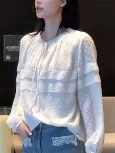 QINGNAER | 3D Embroidery Ruffled Lantern Sleeve Tie Front Shirt Large Size Casual Wear