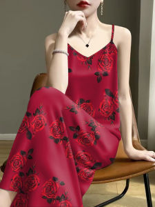 Summer Womens V-Neck Sleeveless Loose Dress Printed Casual Commute Style Wide Strap Gown Belly Concealing Maxi Dress