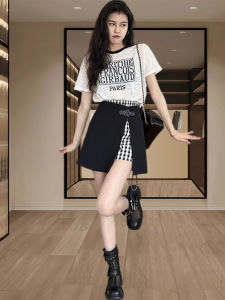 Shalldoer | Unique Summer Womens Printed Short Sleeve T-Shirt And Plaid Skirt Pants Set Non-Repeating Pattern Round Neck Two-Piece Suit