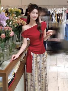 YUEZHONGWEI | Red Knitted Short Sleeve T-Shirt Women Summer Waist Cinched Strap French Style Small Upper Body One Shoulder Banded Top