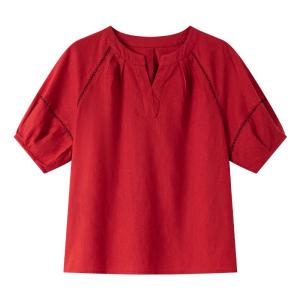 Vimly | Textured V-Neck Hollow Lace-Up Loose Linen Shirt