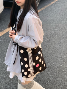 Black Polka Dot Canvas Shoulder Bag Commute Retro Crossbody Bag Original Design Casual Leisure Handbag Soft Box Shape