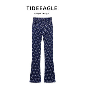 TIDEEAGLE High Waist Draped Slimming Blue Plaid Bell Bottom Pants Womens Casual Trousers Spring Summer New Arrival