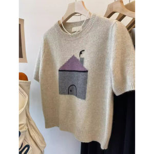 Cartoon Knitted Short Sleeve T-Shirt Women Summer New College Style Design round Neck Short Top Loose Fit Comfortable Breathable