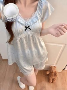 V.C.I | Ice Silk Lace Sleeve Padded Cute Lace Plus Size Loungewear Set