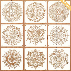 9PCS 11.8×11.8inch Mandala Painting Stencil Set for DIY Craft Wall Wood Fabric Decoration
