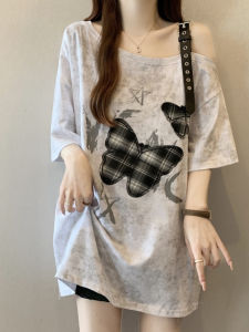 Summer Butterfly Knot Dyeing Long Short Sleeve T-Shirt Women plus Size Cover Butt Strap Top Korean Style Loose Fit Base Shirt